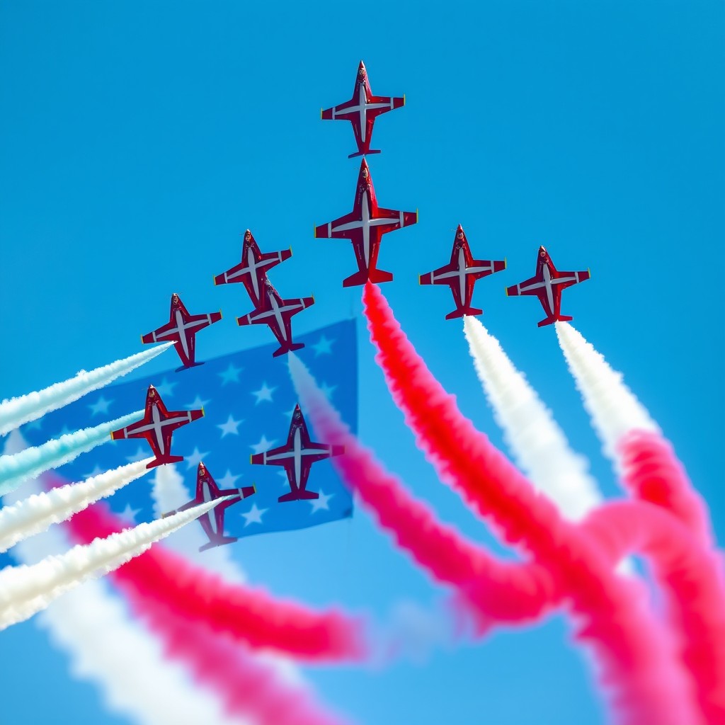 A stunning aerial display featuring multiple fighter jets flying in formation, creating an American flag with the stars and stripes