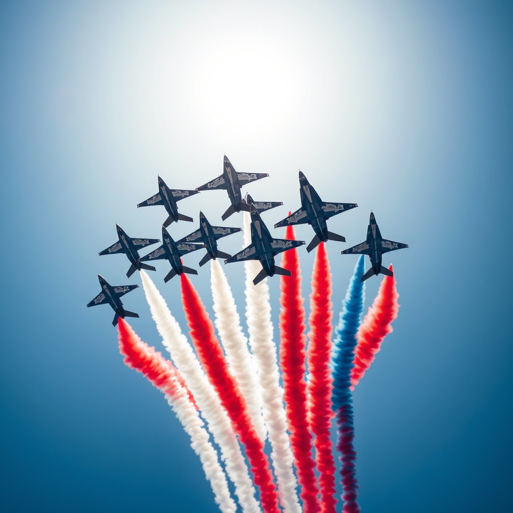 A stunning aerial scene of fighter jets leaving contrails in the shape of a crown, with vivid American flag colors of red, white, and blue in the contrails