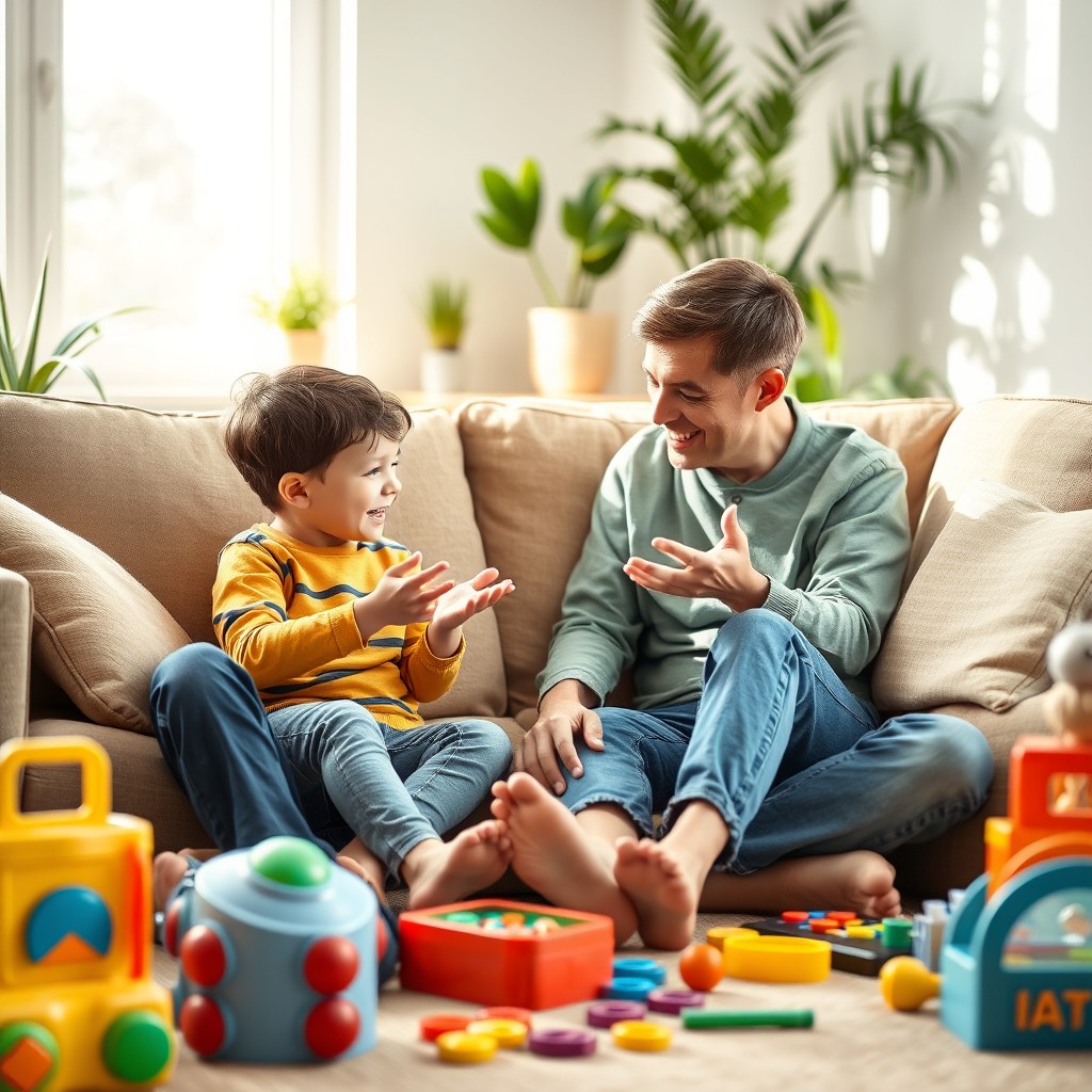 A caring parent sitting on a cozy couch in a well-lit living room, engaging with their child who has ADHD, surrounded by colorful toys and educational materials