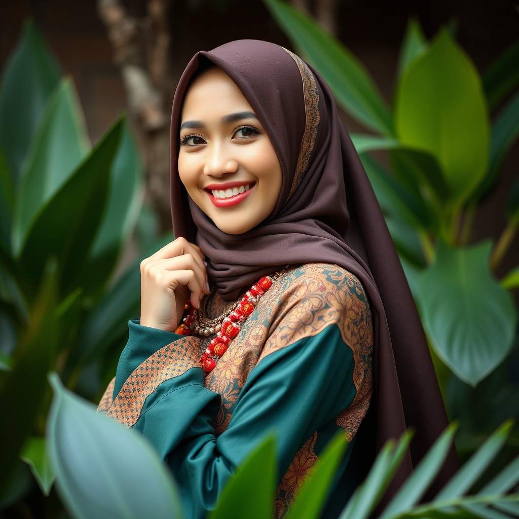A beautiful Indonesian woman wearing a hijab, showcasing traditional Indonesian aura while posing gracefully