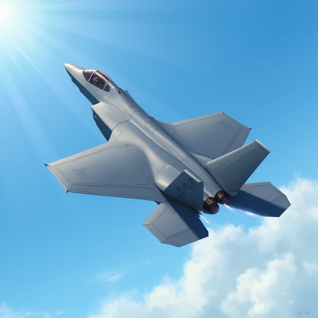 A detailed and realistic illustration of an F-35 fighter jet soaring through a clear blue sky, showcasing its sleek aerodynamic design and advanced technology