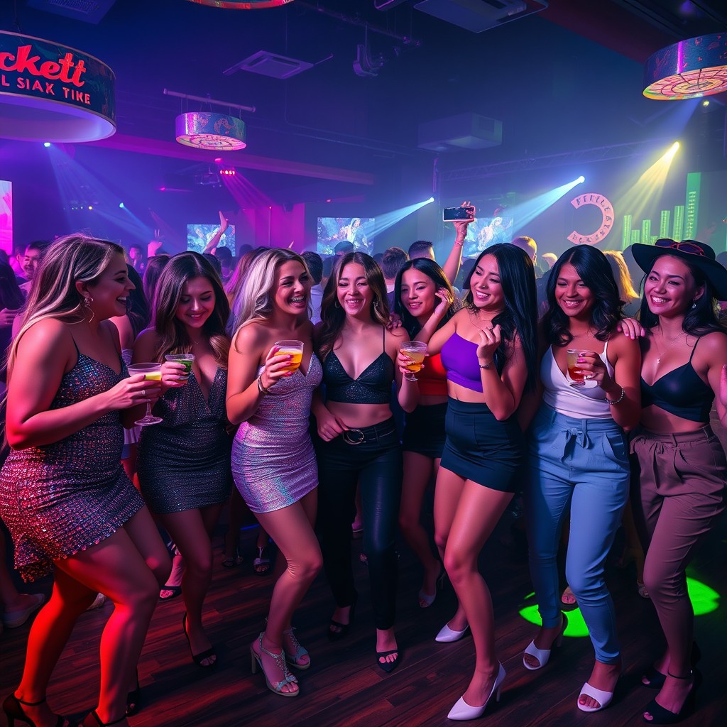 A lively and energetic scene in a vibrant nightclub featuring a group of fashion-forward club girls dancing and enjoying themselves