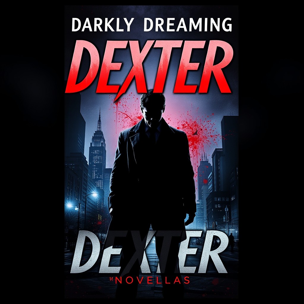 A visually compelling cover for the novella "Darkly Dreaming Dexter" featuring a mysterious, shadowy figure resembling a darkened version of Dexter Morgan standing in a dimly lit cityscape
