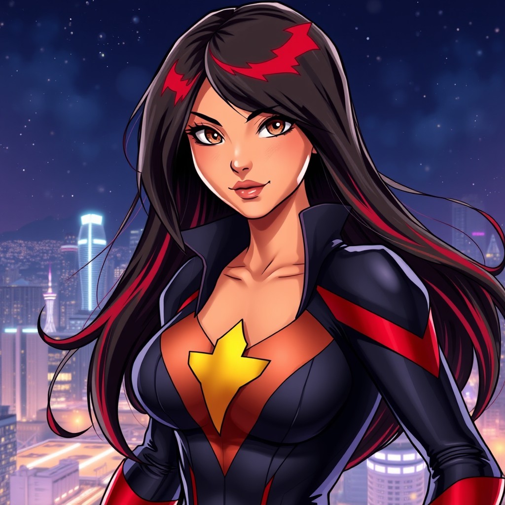 A charismatic Latina superhero with mesmerizing brown eyes and long flowing dark hair featuring striking red highlights
