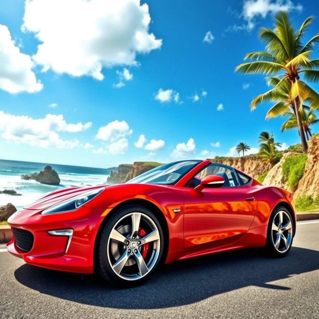 A sleek, modern sports car parked on a scenic coastal road with cliffs and a beautiful ocean view