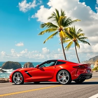 A sleek, modern sports car parked on a scenic coastal road with cliffs and a beautiful ocean view