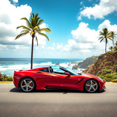 A sleek, modern sports car parked on a scenic coastal road with cliffs and a beautiful ocean view
