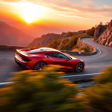 A sleek, modern sports car speeding along a winding mountain road, the sun setting in the background creating a dramatic orange and pink sky