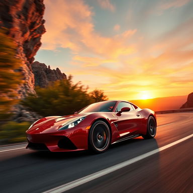 A sleek, modern sports car speeding along a winding mountain road, the sun setting in the background creating a dramatic orange and pink sky