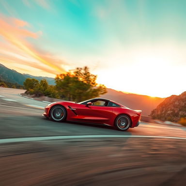 A sleek, modern sports car speeding along a winding mountain road, the sun setting in the background creating a dramatic orange and pink sky