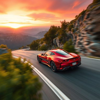 A sleek, modern sports car speeding along a winding mountain road, the sun setting in the background creating a dramatic orange and pink sky