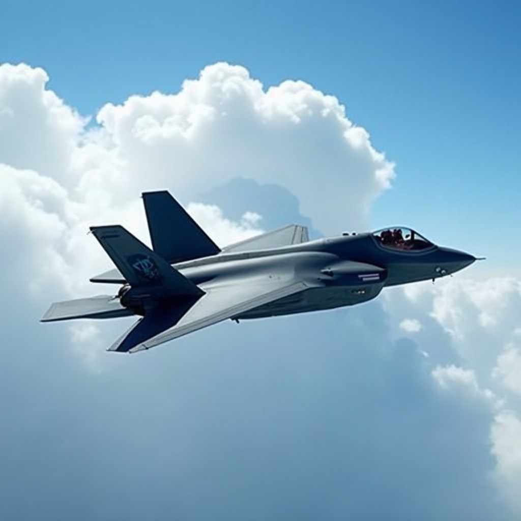 An F-35 fighter jet soaring through a clear blue sky, showcasing its sleek and modern design