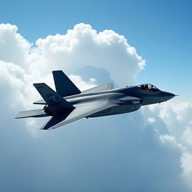 An F-35 fighter jet soaring through a clear blue sky, showcasing its sleek and modern design