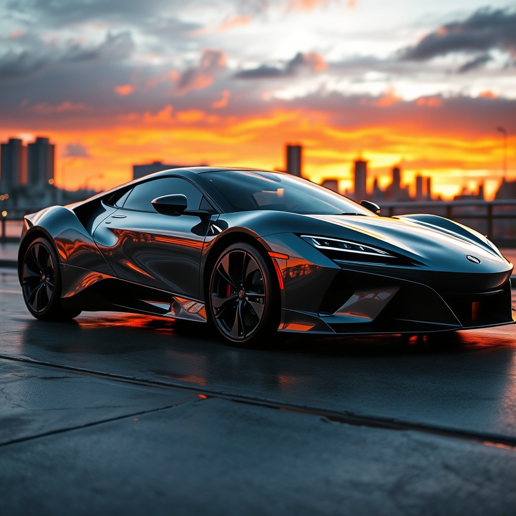 A sleek and modern sports car parked in an urban environment at sunset, showcasing its shiny metallic paint reflecting the vibrant colors of the sky