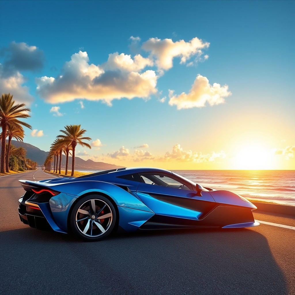 A sleek and futuristic sports car, featuring an aerodynamic design and a glossy finish, parked on a scenic coastal road