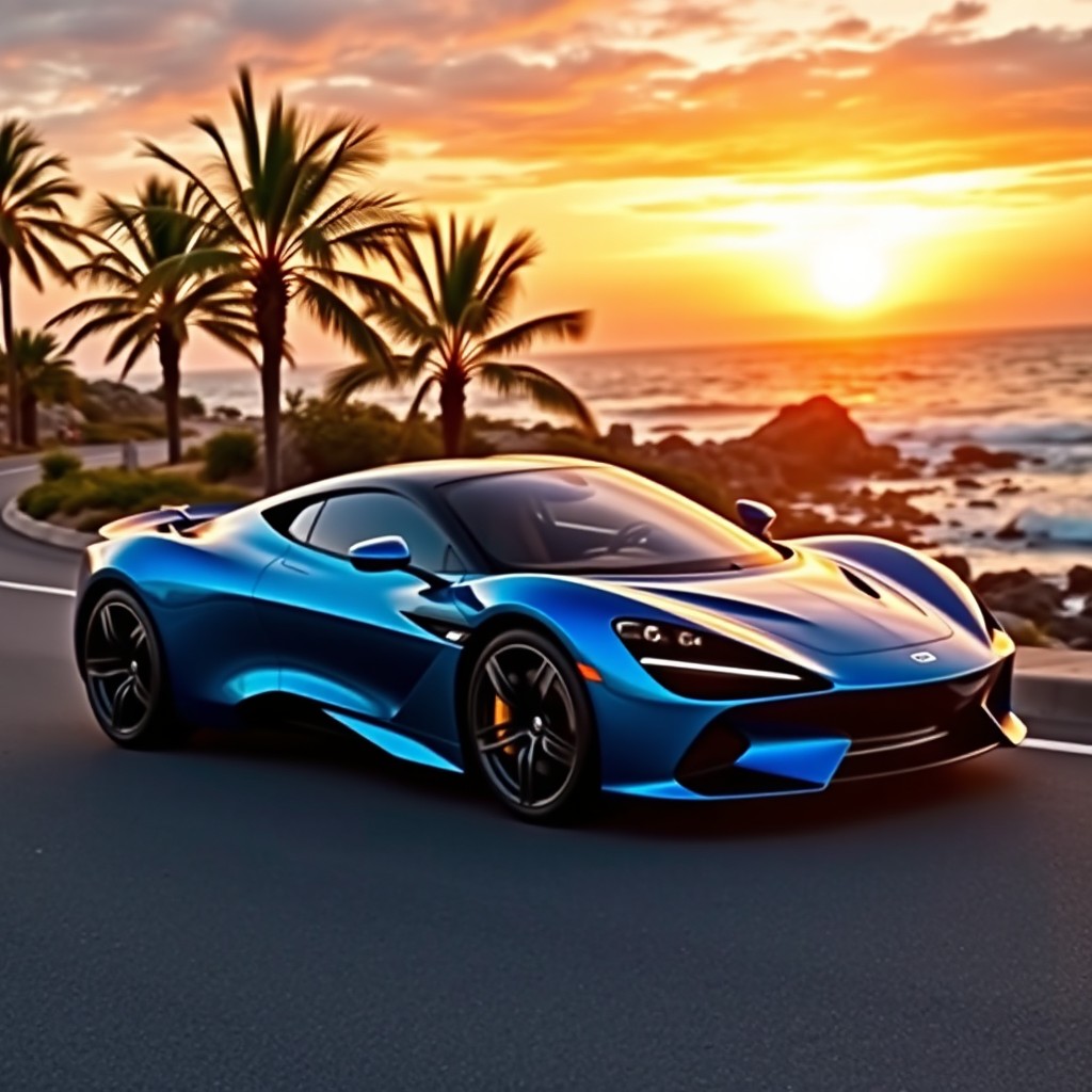 A stunning, sleek modern sports car parked on a scenic coastal road at sunset, showcasing its aerodynamic lines and shiny metallic finish