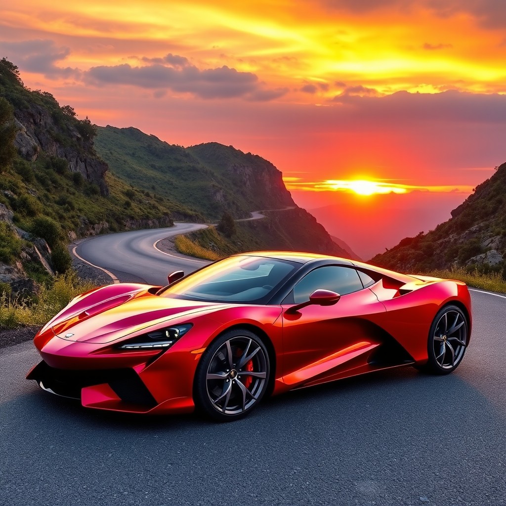 A sleek and stylish sports car parked on a winding mountain road during sunset, showcasing its vibrant red color with shiny metallic accents