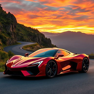 A sleek and stylish sports car parked on a winding mountain road during sunset, showcasing its vibrant red color with shiny metallic accents