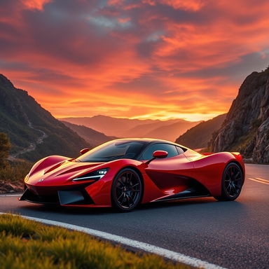 A sleek and stylish sports car parked on a winding mountain road during sunset, showcasing its vibrant red color with shiny metallic accents