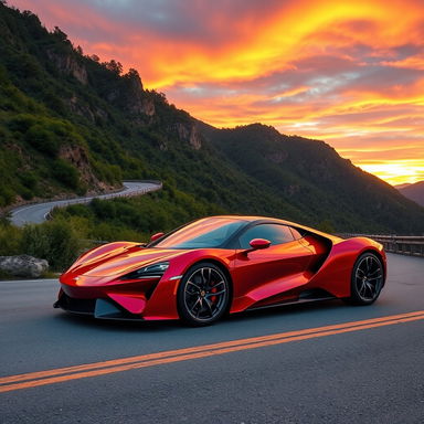 A sleek and stylish sports car parked on a winding mountain road during sunset, showcasing its vibrant red color with shiny metallic accents