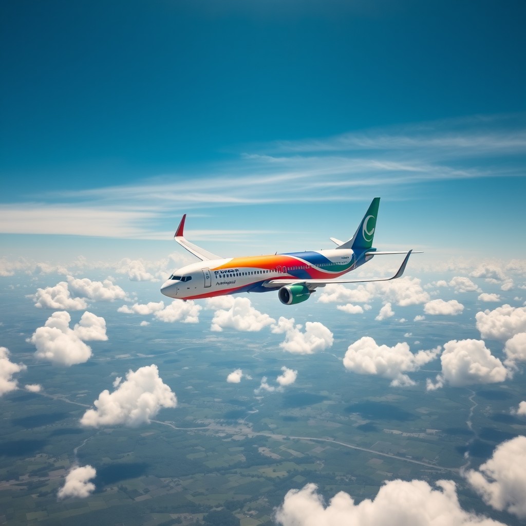 A majestic Boeing 737 soaring through a bright blue sky, with fluffy white clouds scattered around