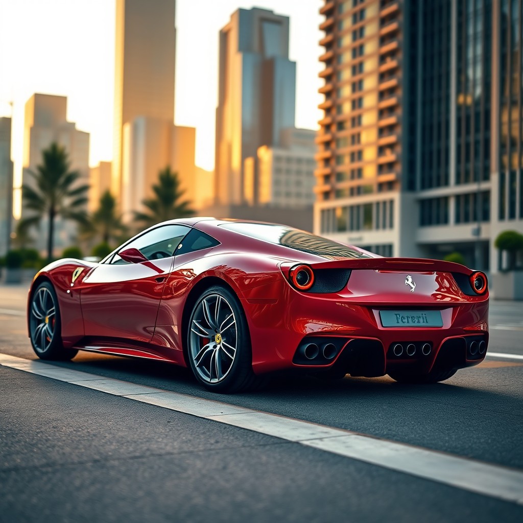 A stunning red Ferrari sports car parked in an elegant urban setting, reflecting the golden hour sunlight, with skyscrapers in the background