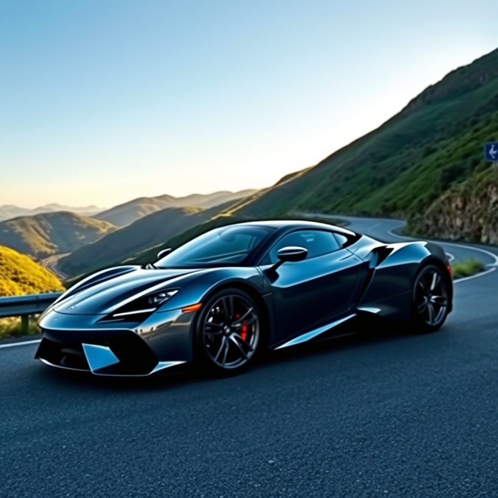 A sleek, modern sports car parked on a winding mountain road, showcasing its aerodynamic design and shiny metallic paint