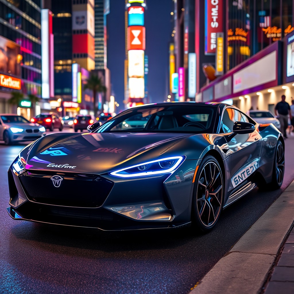 A stunning electric sports car parked on a vibrant city street at night, illuminated by colorful neon lights reflecting off its sleek, glossy surface