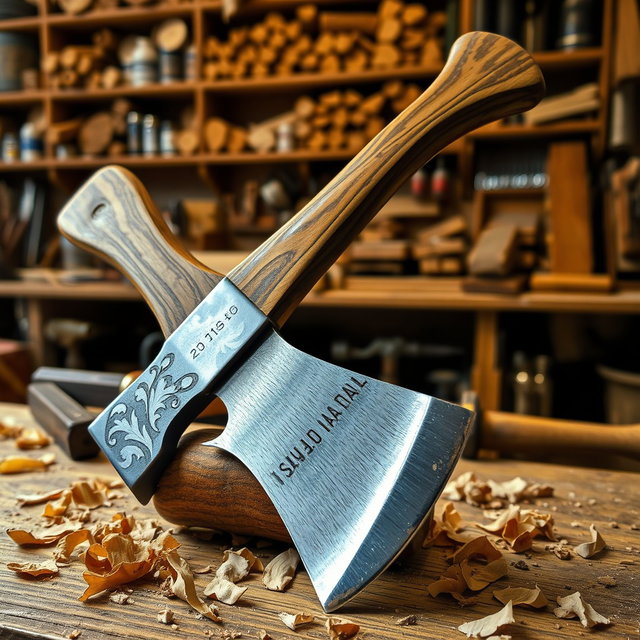 A beautifully crafted axe resting on a wooden workbench, surrounded by shavings of wood and tools used for woodworking