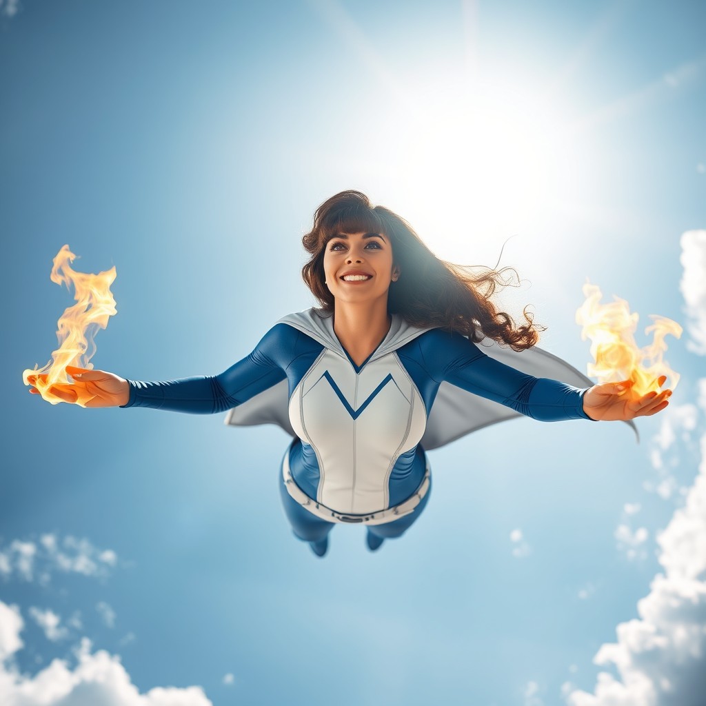 A superhero woman with curly brown hair and bangs, soaring through a bright blue sky