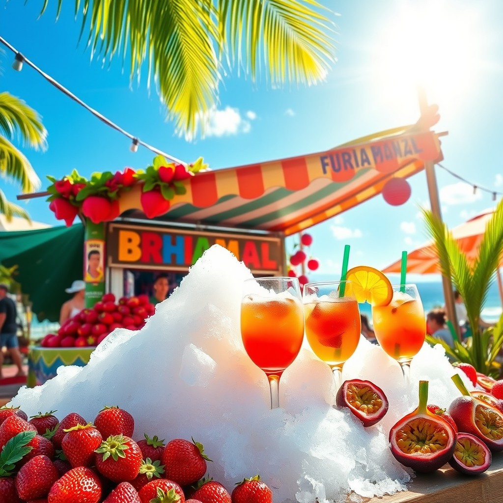 A vibrant tropical scene capturing the essence of a fun Brazilian experience with a refreshing shaved ice treat
