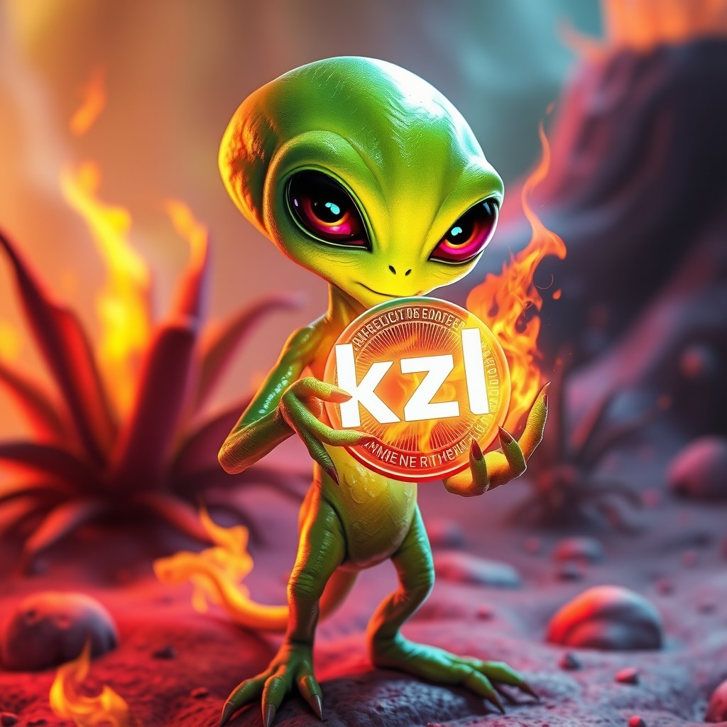 An alien creature holding a digital currency called 'kzl' that is surrounded by fiery flames