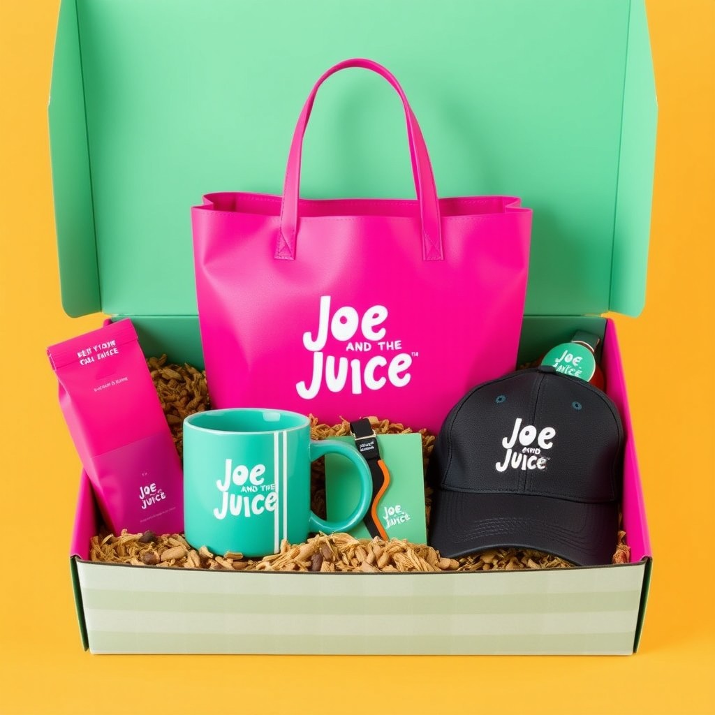 A visually appealing gift box design featuring the Joe and the Juice branding