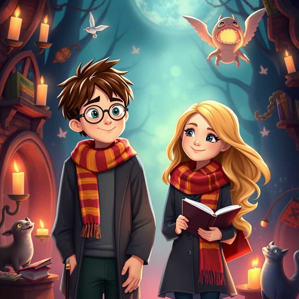 Two best friends in a magical Harry Potter universe, depicted in Pixar style