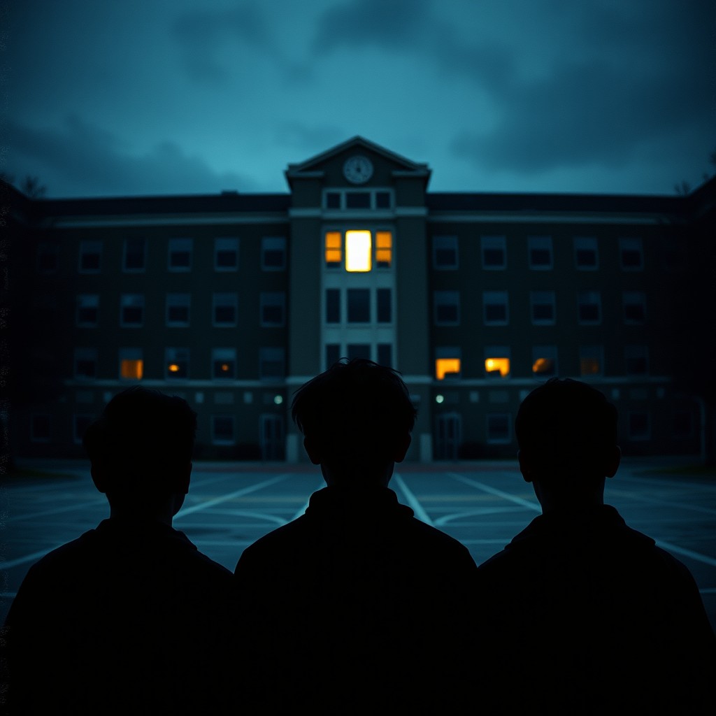 Three silhouettes of teenagers or young men seen from behind, standing in an empty schoolyard or urban setting at dusk
