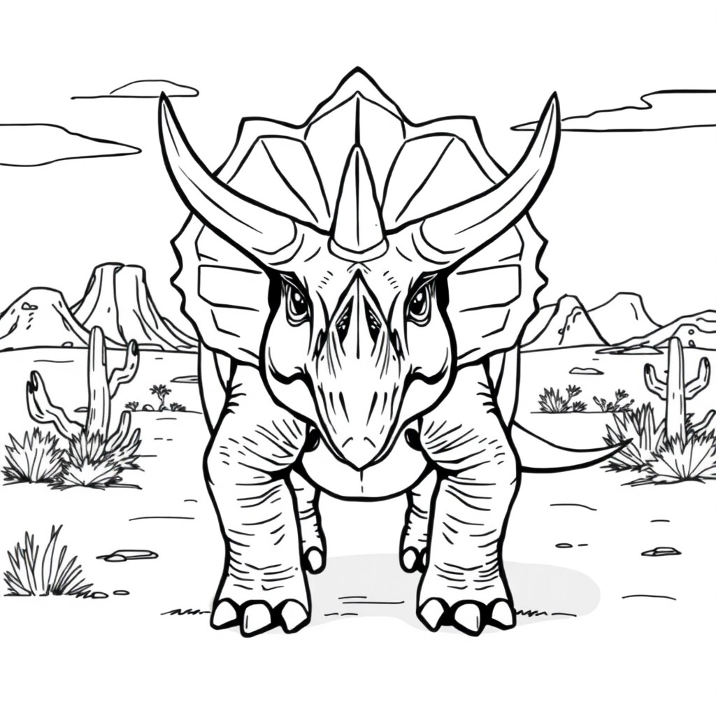 A front view of a Triceratops in a defensive stance, showcasing its three large horns and bony frill, set against a desert landscape background