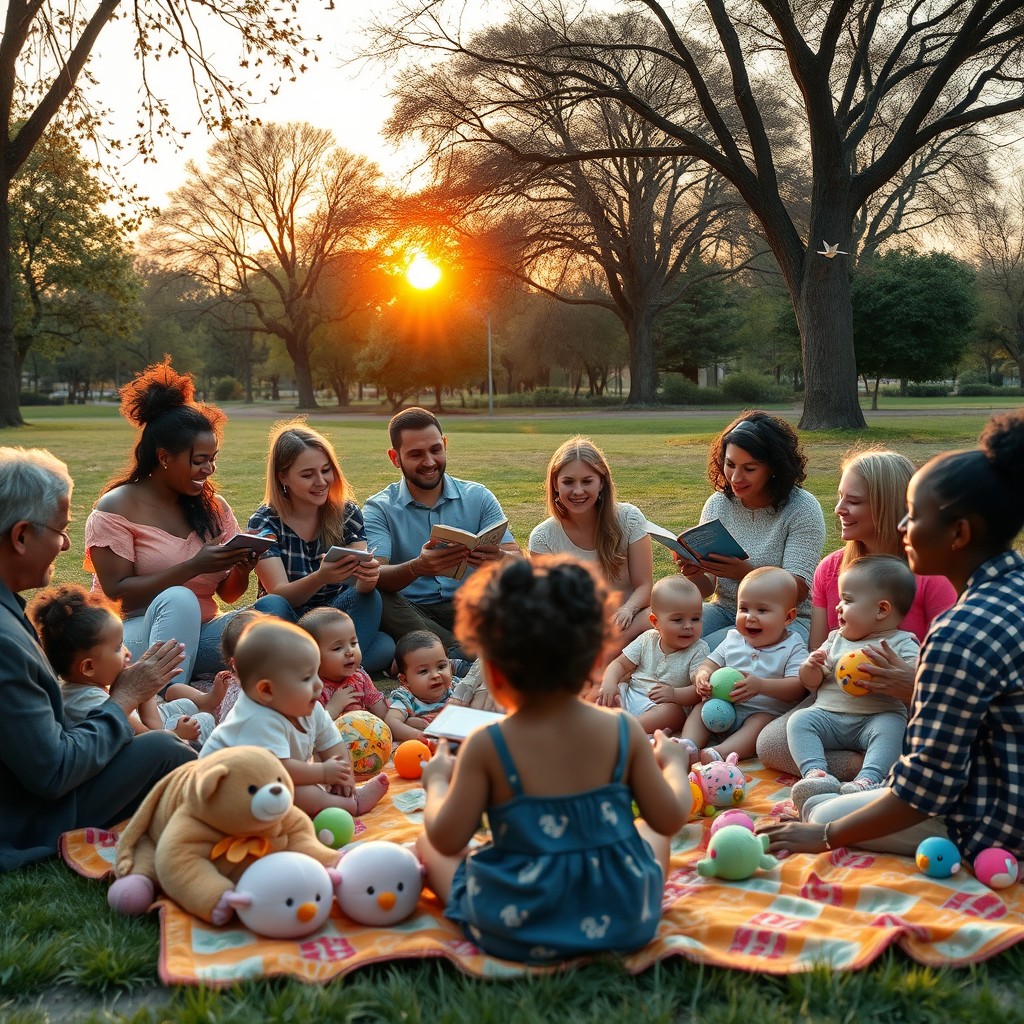 A warm and inviting scene of a cozy poetry reading session featuring a diverse group of adults sitting on colorful blankets in a park