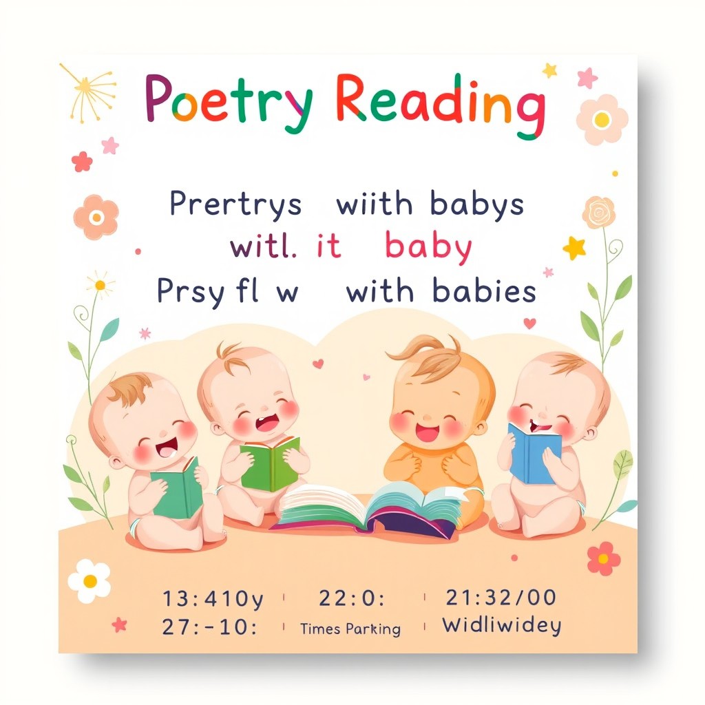 A vibrant and inviting poster for a poetry reading event aimed at parents with babies