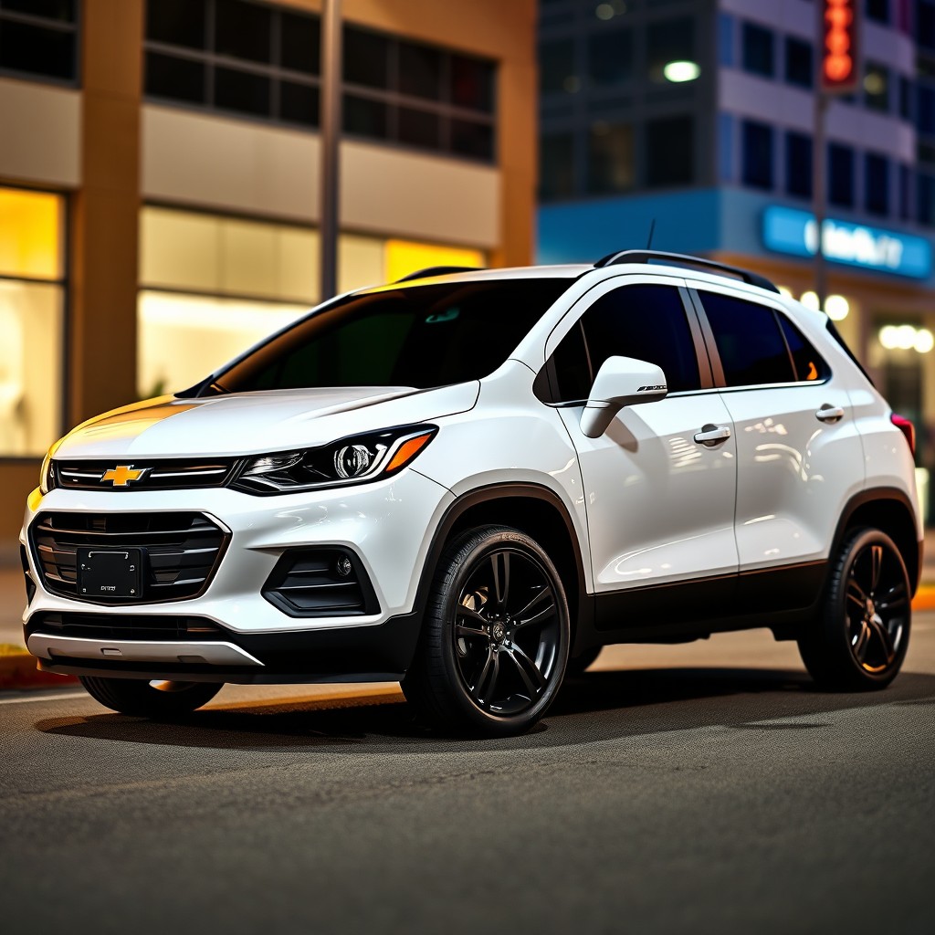 A striking 2020 Chevy Trax Premier in a sleek white finish, featuring matte black wheels that add a bold contrast