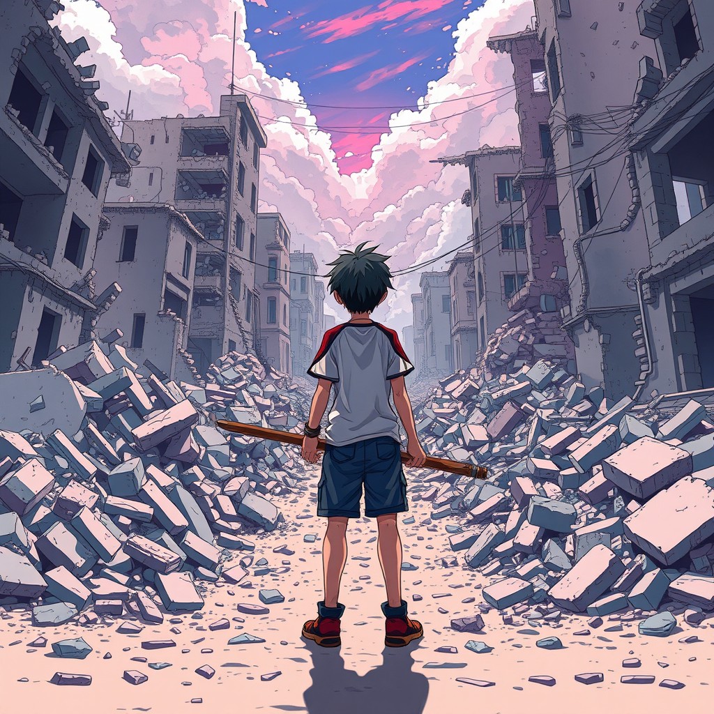 An anime-style illustration of a young man standing amidst the rubble and destroyed buildings, holding a stick