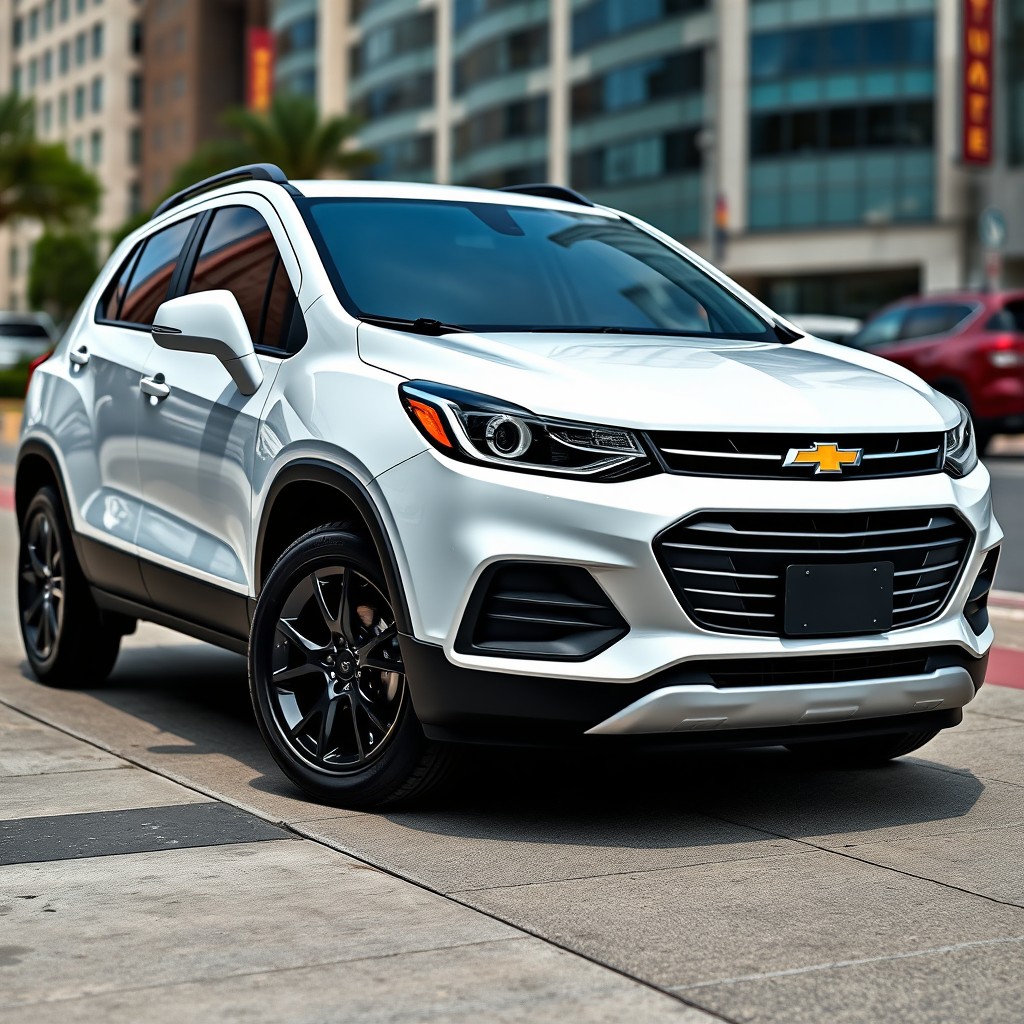 A sleek 2020 Chevy Trax Premier in striking white color, featuring matte black wheels that enhance its bold appearance
