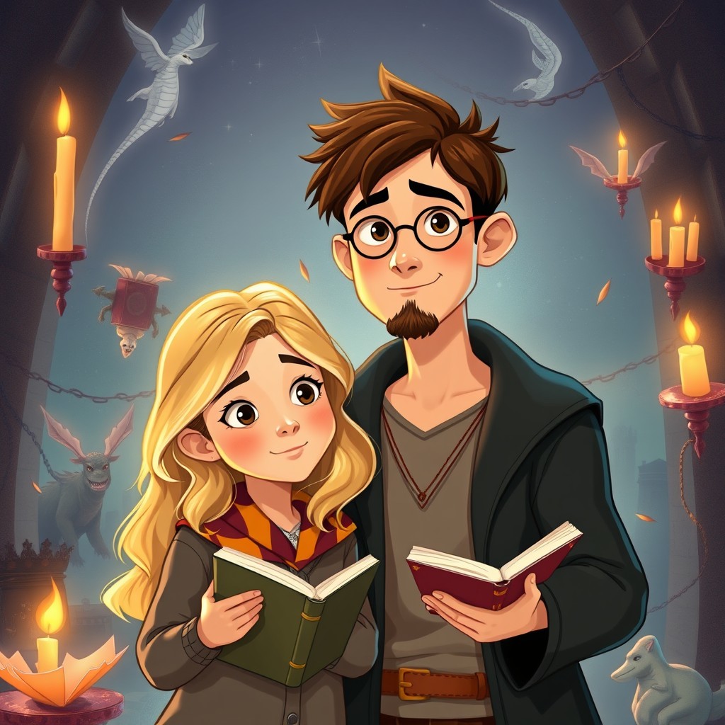 Two best friends in a magical Harry Potter universe, illustrated in Pixar style