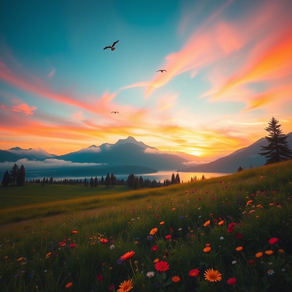 A breathtaking sunrise illuminating a tranquil nature scene, with vibrant orange and pink hues spreading across the sky