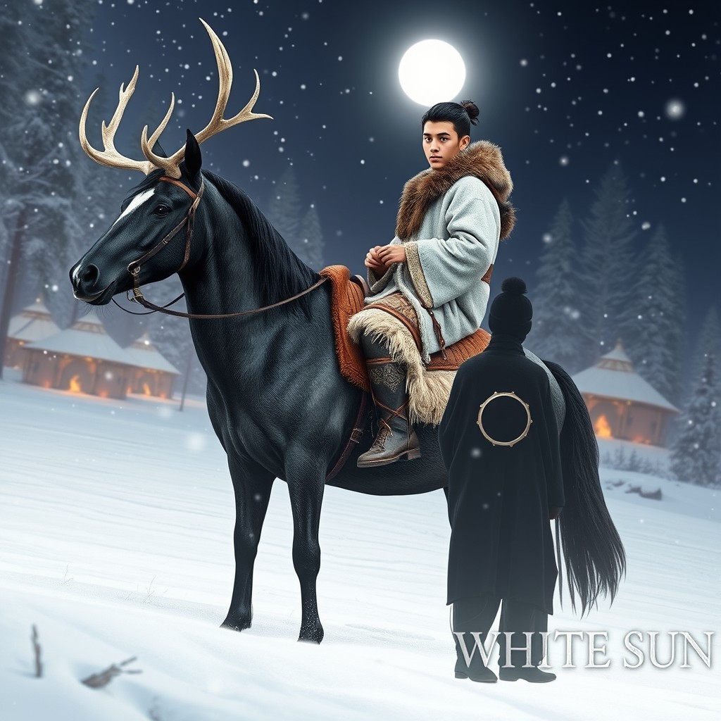 A winter forest scene with falling snow, featuring a sacred white deer