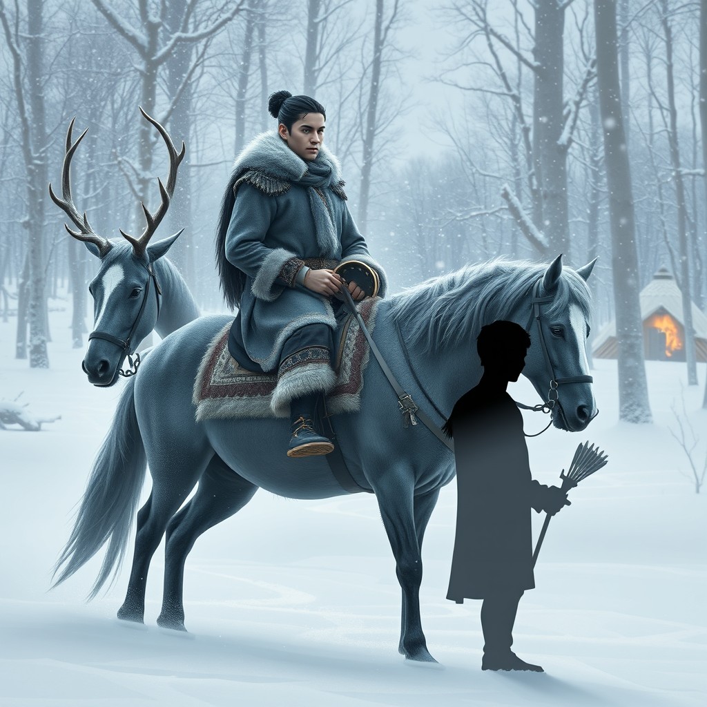 A winter forest scene with snow gently falling, featuring a sacred white deer