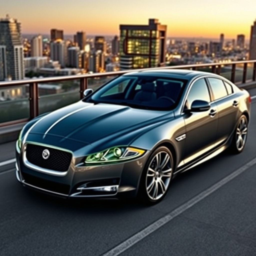 A 2012 Jaguar XF in a stunning gray color with a vibrant neon green roof, parked elegantly on a sleek urban street