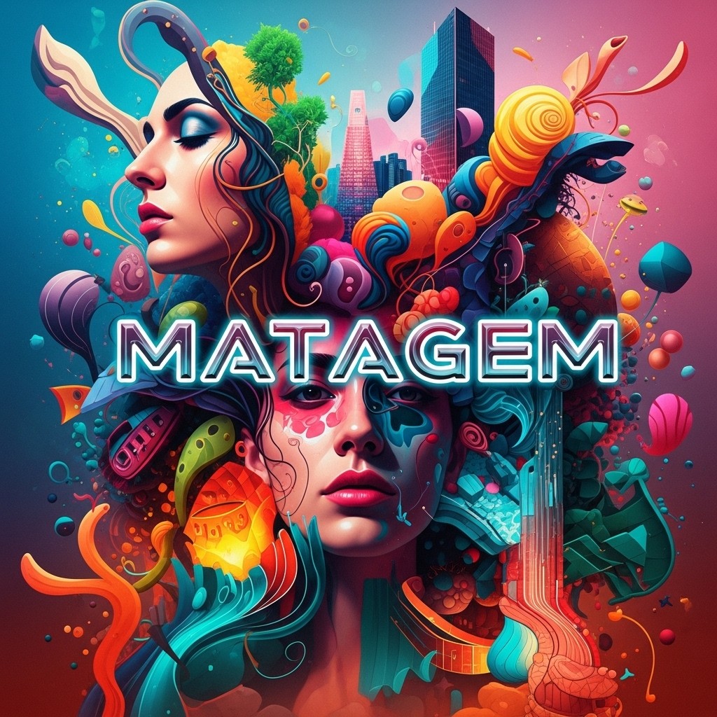 Album cover design for a band named Matagem, featuring a vibrant and abstract mix of colors, creating an energetic and artistic atmosphere