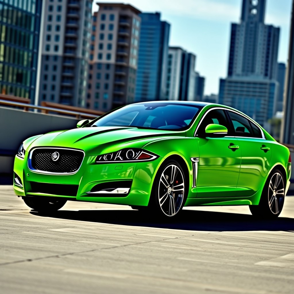 A 2012 Jaguar XF sports sedan with a striking neon green body and a sleek black roof