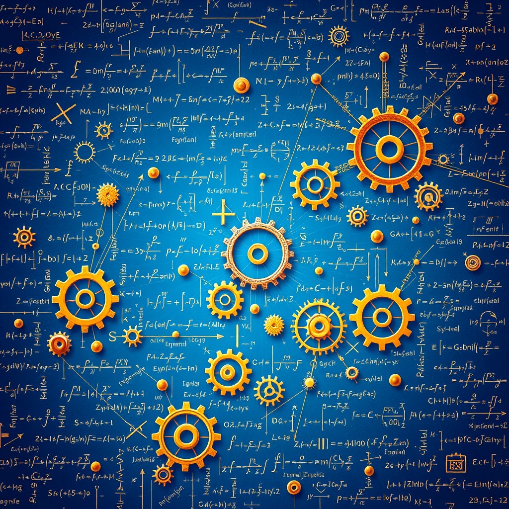 An intriguing and vibrant depiction of a deep blue background, adorned with a plethora of mathematical formulas and equations that seamlessly blend into the design