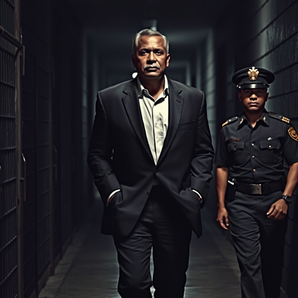 A tall African leader with a dignified expression, handcuffed and walking confidently between two stern-looking policemen